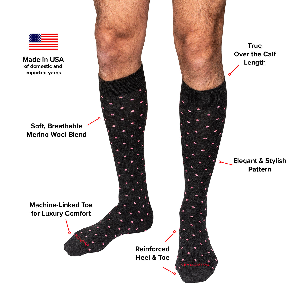 infographic detailing features and benefits of dark grey and pink polka dot over the calf dress socks from Boardroom Socks