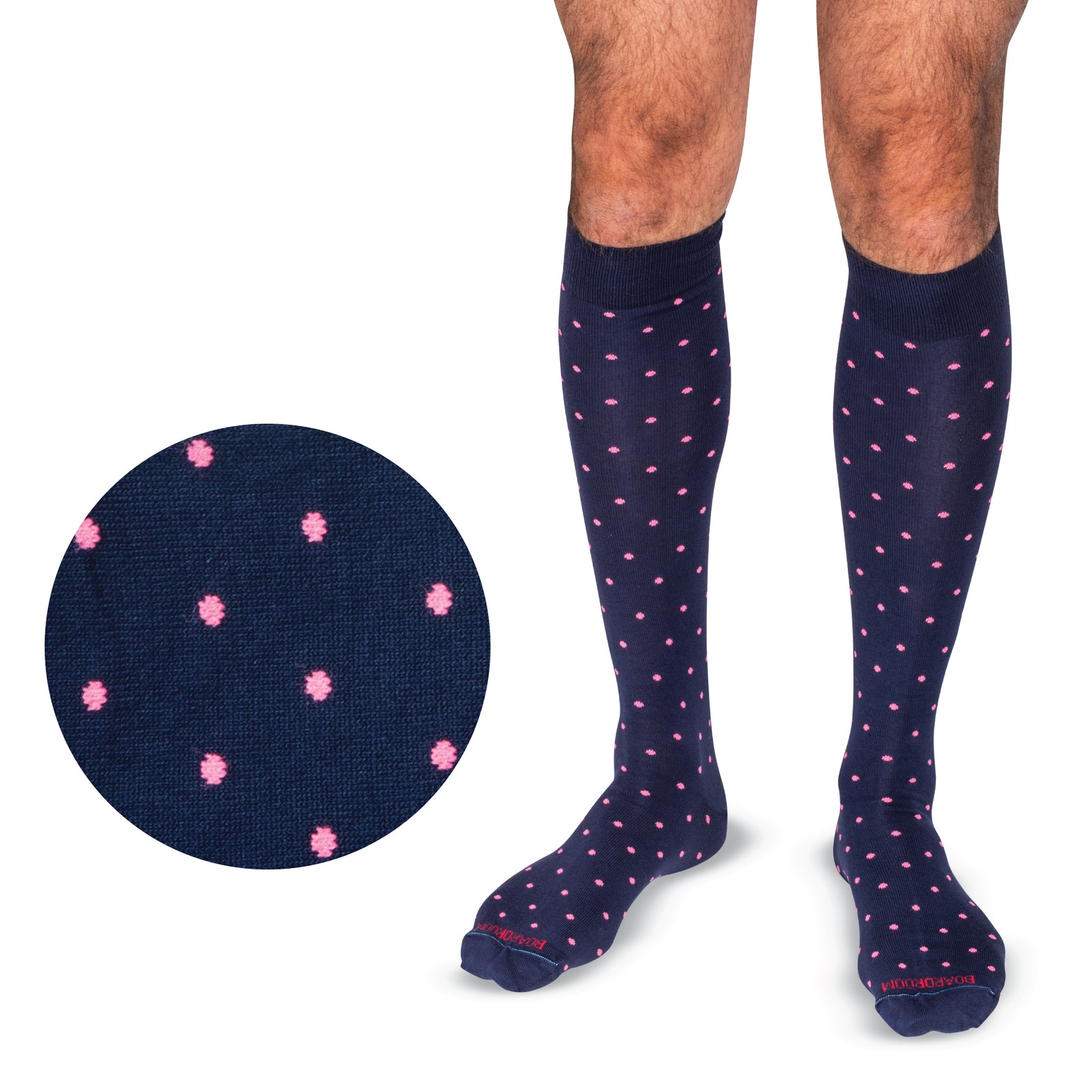 model wearing pink dots on navy cotton socks with a detailed image of the pattern next to the model