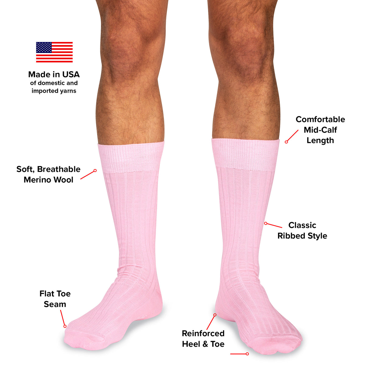 infographic detailing features and benefits of pink merino wool dress socks from Boardroom Socks