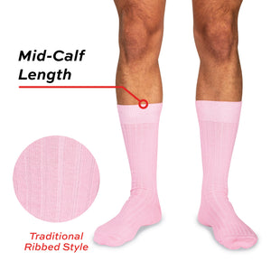 pink merino wool dress socks on model with traditional ribbed style text overlay