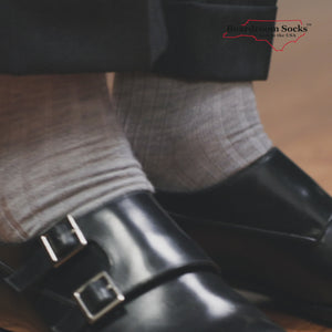 light grey merino wool dress socks with a charcoal suit and black monkstraps