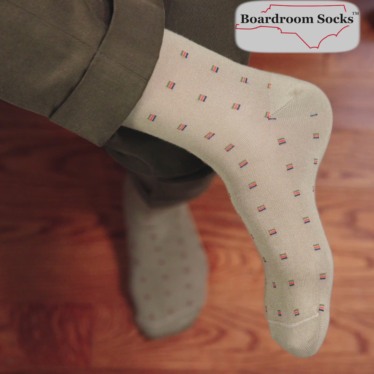 video overview of khaki patterned dress socks from Boardroom Socks