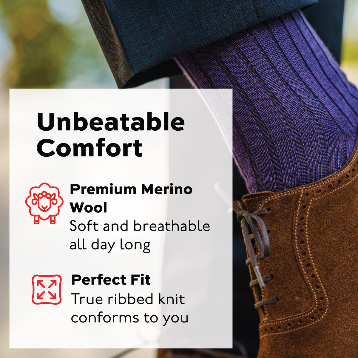 purple merino wool over the calf ribbed mens dress socks worn with brown shoes