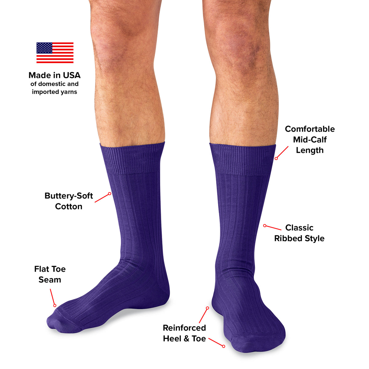 infographic detailing features and benefits of purple cotton mid-calf socks from Boardroom Socks