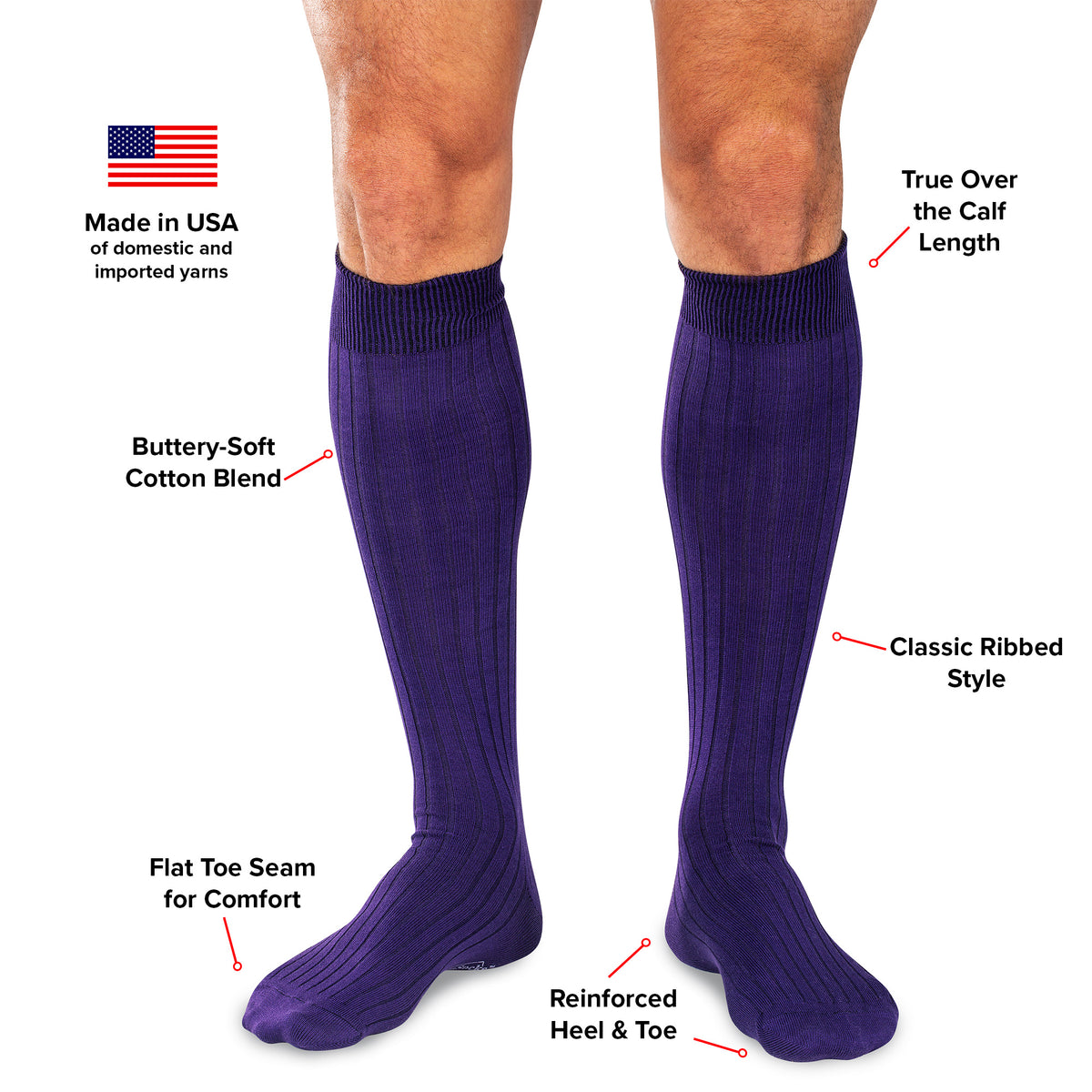 purple cotton over the calf dress socks on model with infographic explaining features and benefits