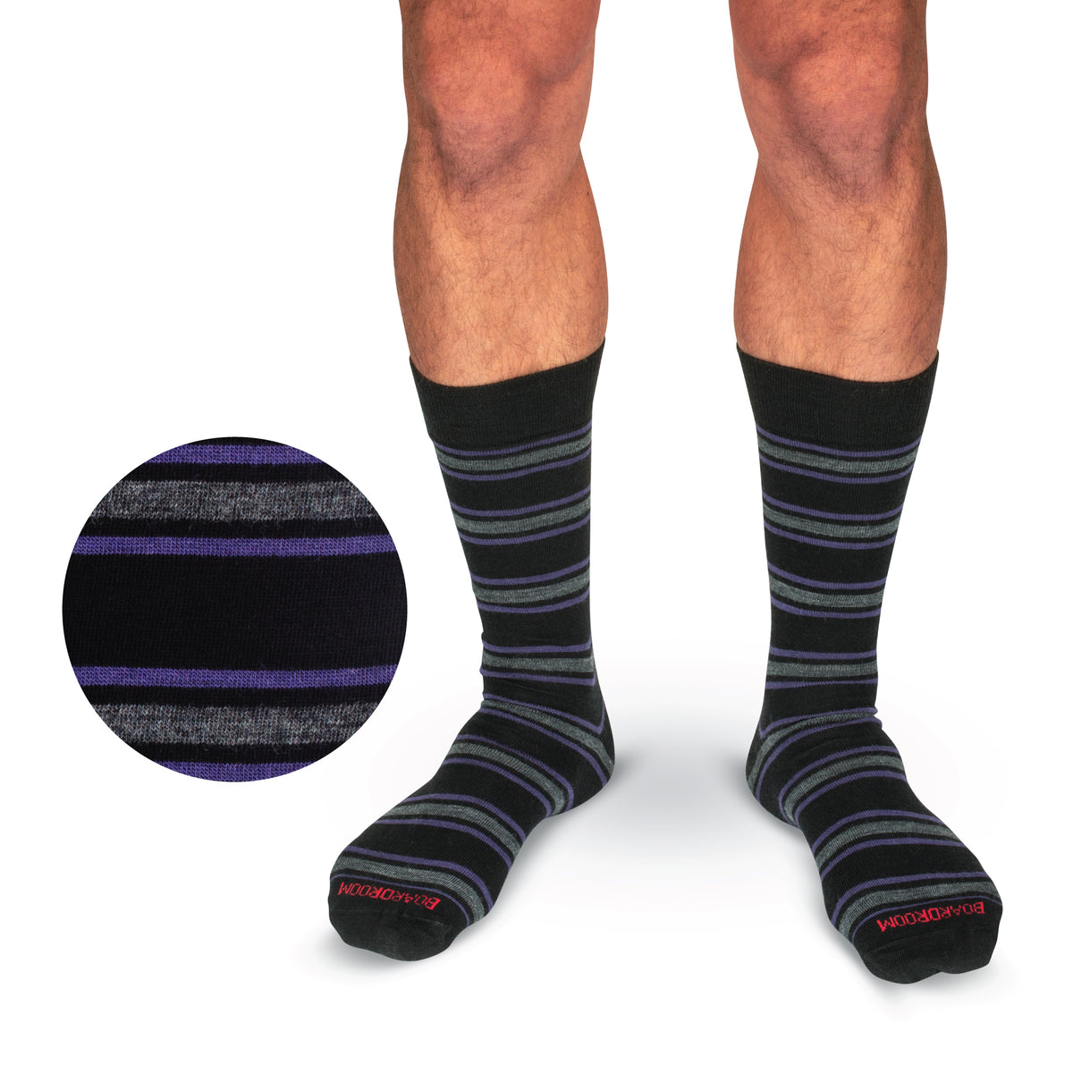 model wearing Purple and Grey Stripes on Black Merino Wool Mid Calf Dress Socks on a white background