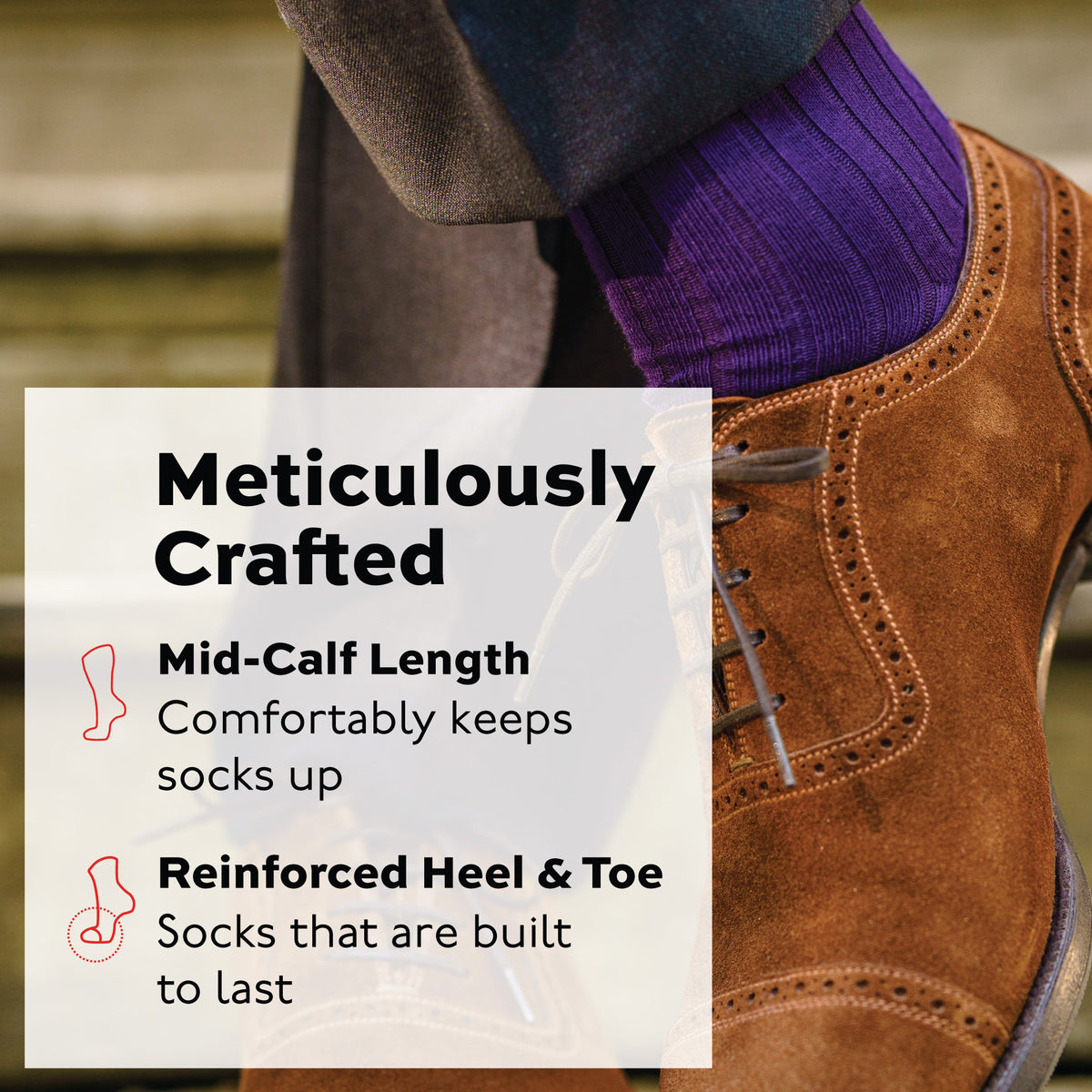 man standing outside wearing brown shoes and Purple Cotton Mid Calf Dress Socks with a infographic overlay