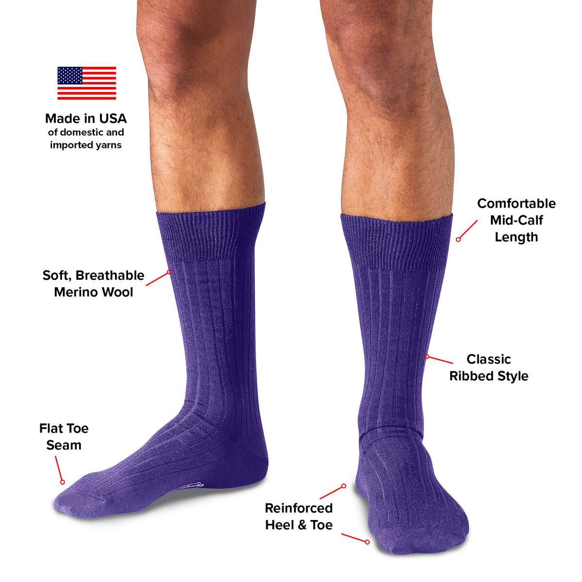 infographic showing man wearing purple merino wool dress socks 