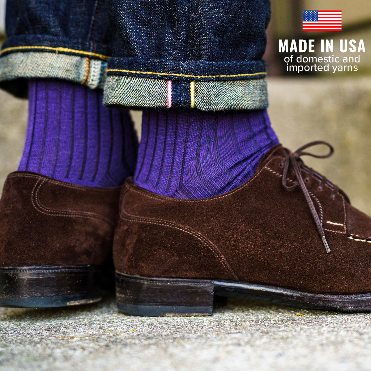 purple wool dress socks paired with jeans and brown suede dress shoes