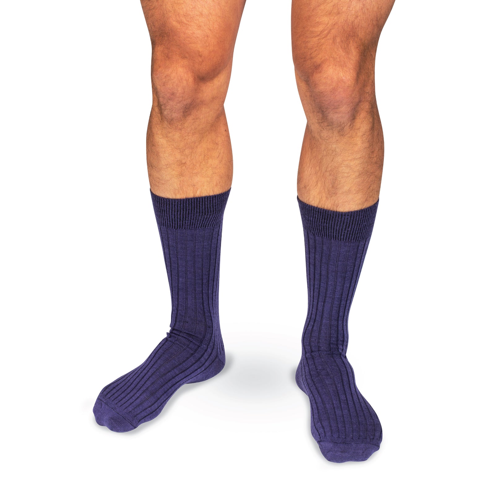 model wearing mid-calf purple merino wool dress socks