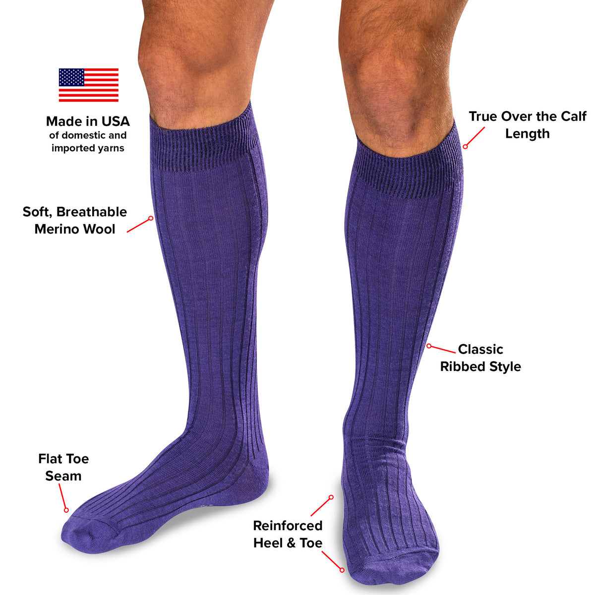infographic detailing features and benefits of purple merino wool over the calf dress socks from Boardroom Socks