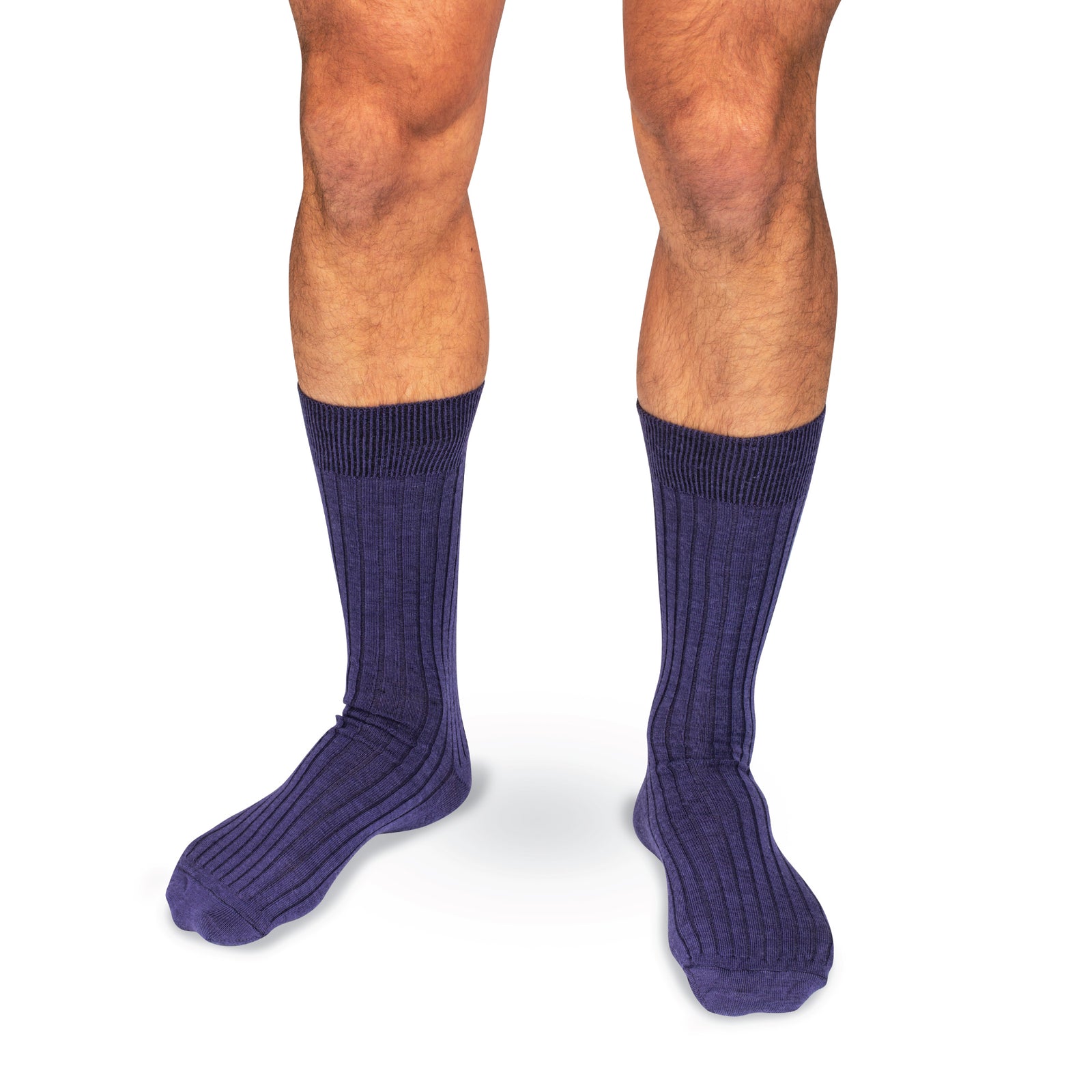 model wearing mid-calf purple wool dress socks on a white background