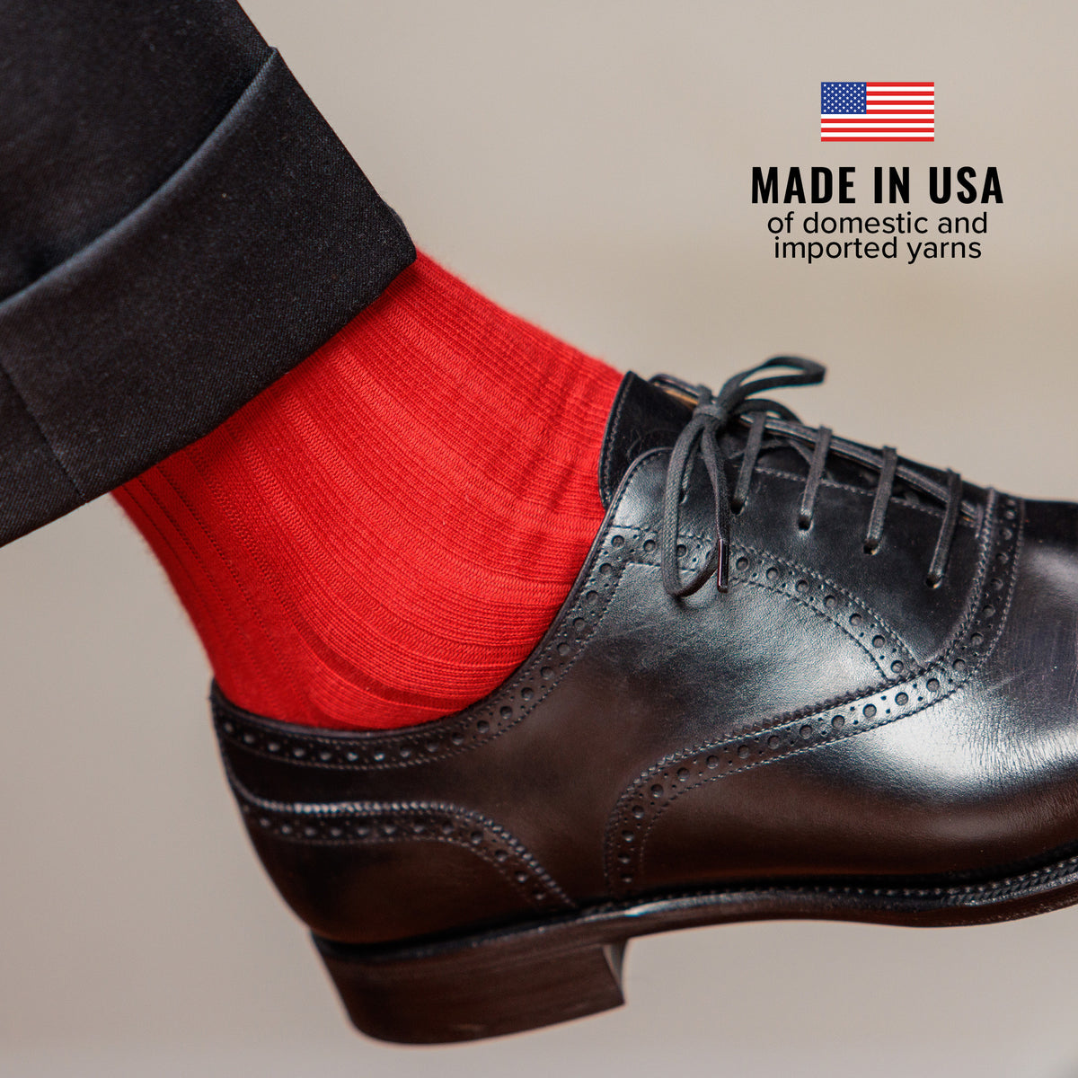 red cotton mid calf dress socks with black oxfords and charcoal slacks