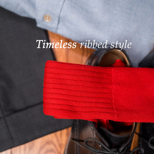 ribbed red dress socks inside black oxfords with a business casual outfit