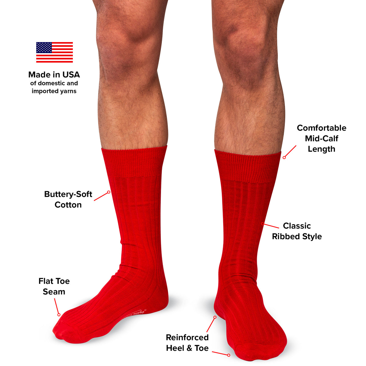infographic detailing features and benefits of red cotton dress socks from Boardroom Socks