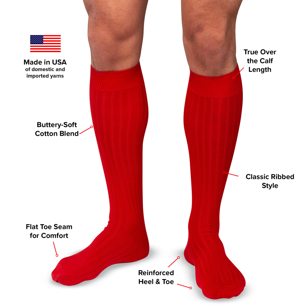 infographic detailing features and benefits of red cotton over the calf dress socks from Boardroom Socks