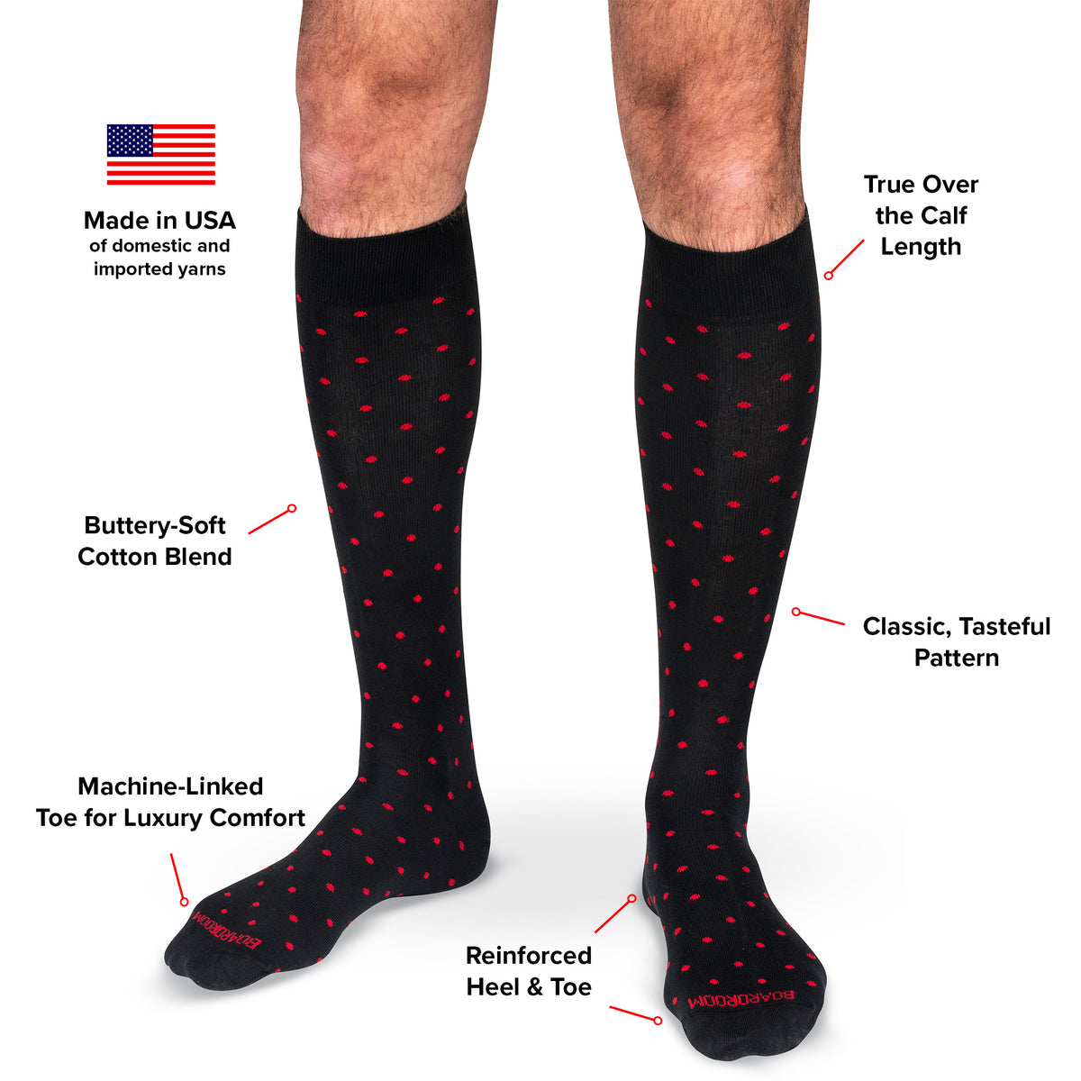 infographic detailing features and benefits of black cotton over the calf polka dot dress socks from Boardroom Socks