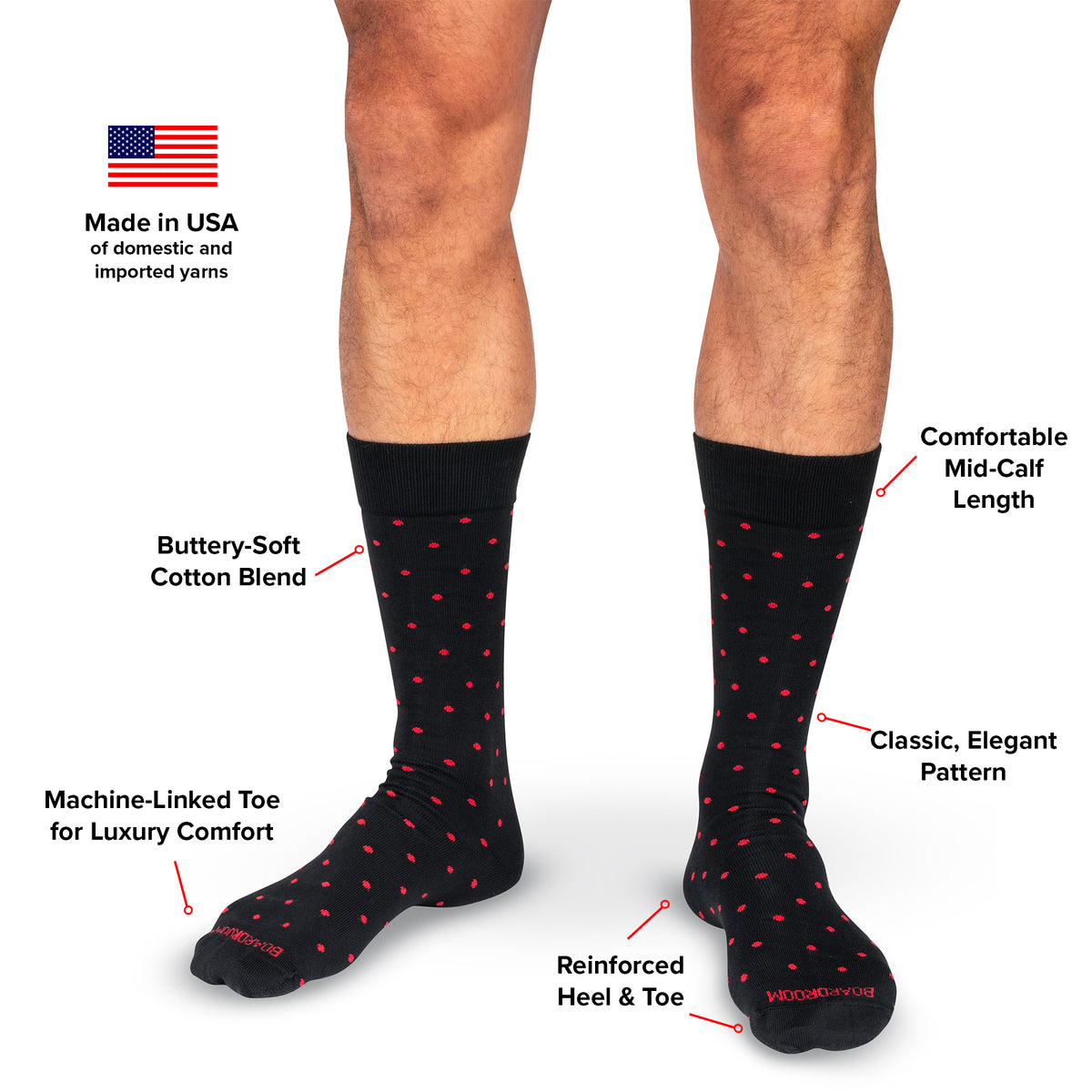 infographic detailing features and benefits of black patterned cotton dress socks from Boardroom Socks