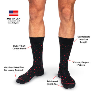 infographic detailing features and benefits of black patterned cotton dress socks from Boardroom Socks