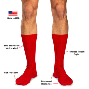 infographic detailing the features and benefits of Boardroom Socks' red dress socks