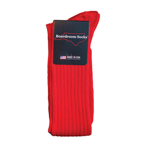 boardroom socks red merino wool mid-calf mens dress socks in packaging folded laying on a white background