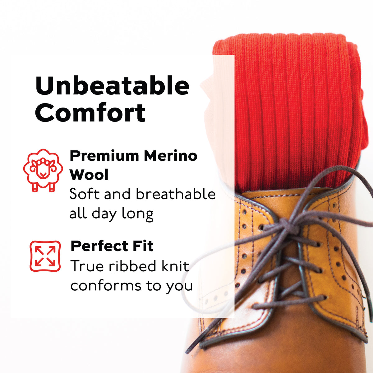 red merino wool over the calf ribbed mens dress sock rolled up and sitting on top of an oxford shoe