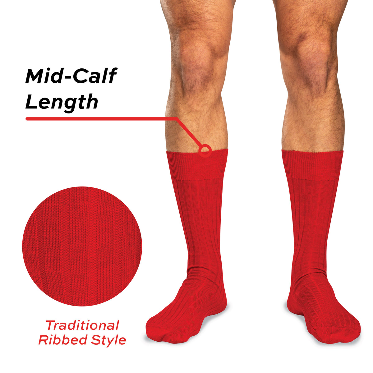 model wearing mid-calf length red merino wool premium dress socks with a traditional ribbed style