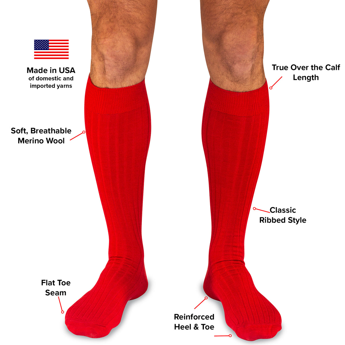 infographic detailing features and benefits of red merino wool over the calf dress socks from Boardroom Socks