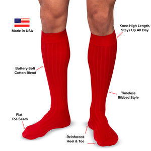 infographic detailing features and benefits of red cotton over the calf dress socks