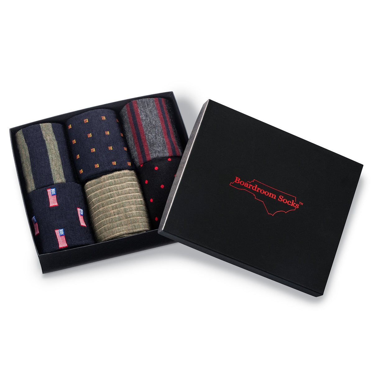 Set of patterned socks in an open black box with 'Boardroom Socks' branding.