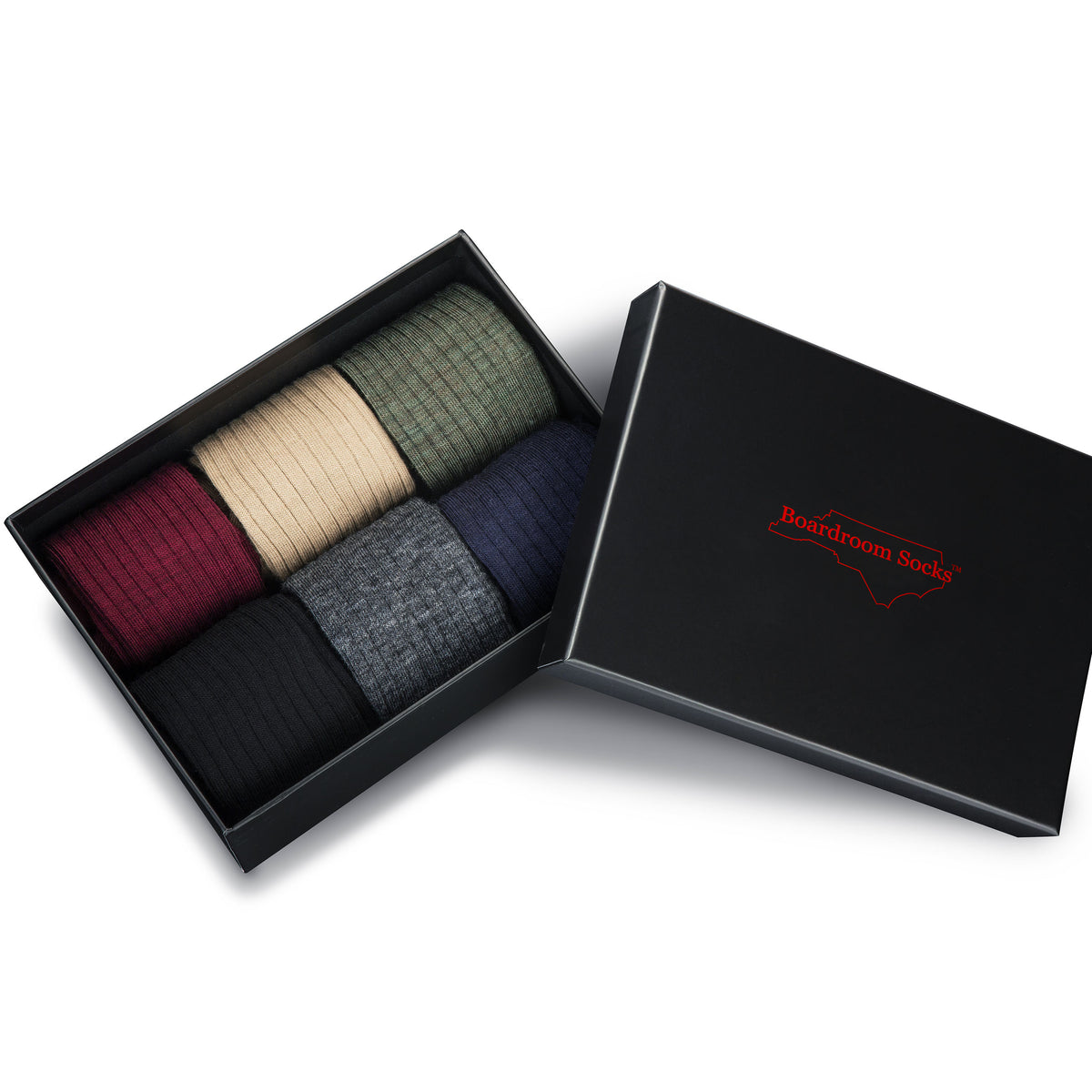 opened gift box filled with six pairs of ribbed merino wool dress socks from Boardroom Socks