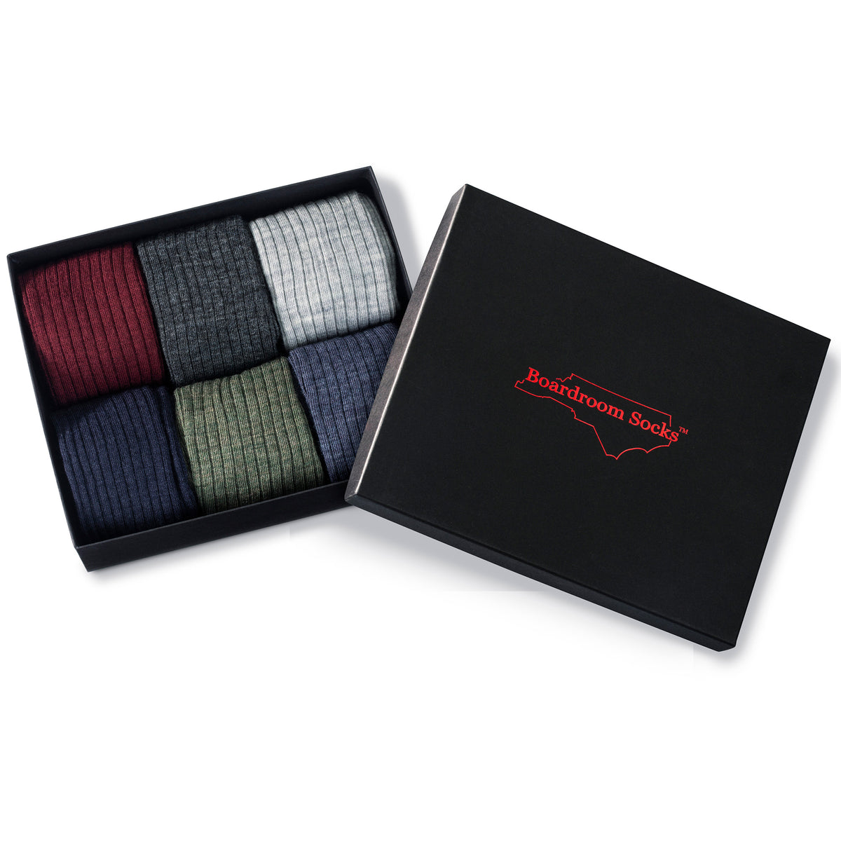 gift box photographed on a white background including 6pairs of wool over the calf dress socks in 6 different colors