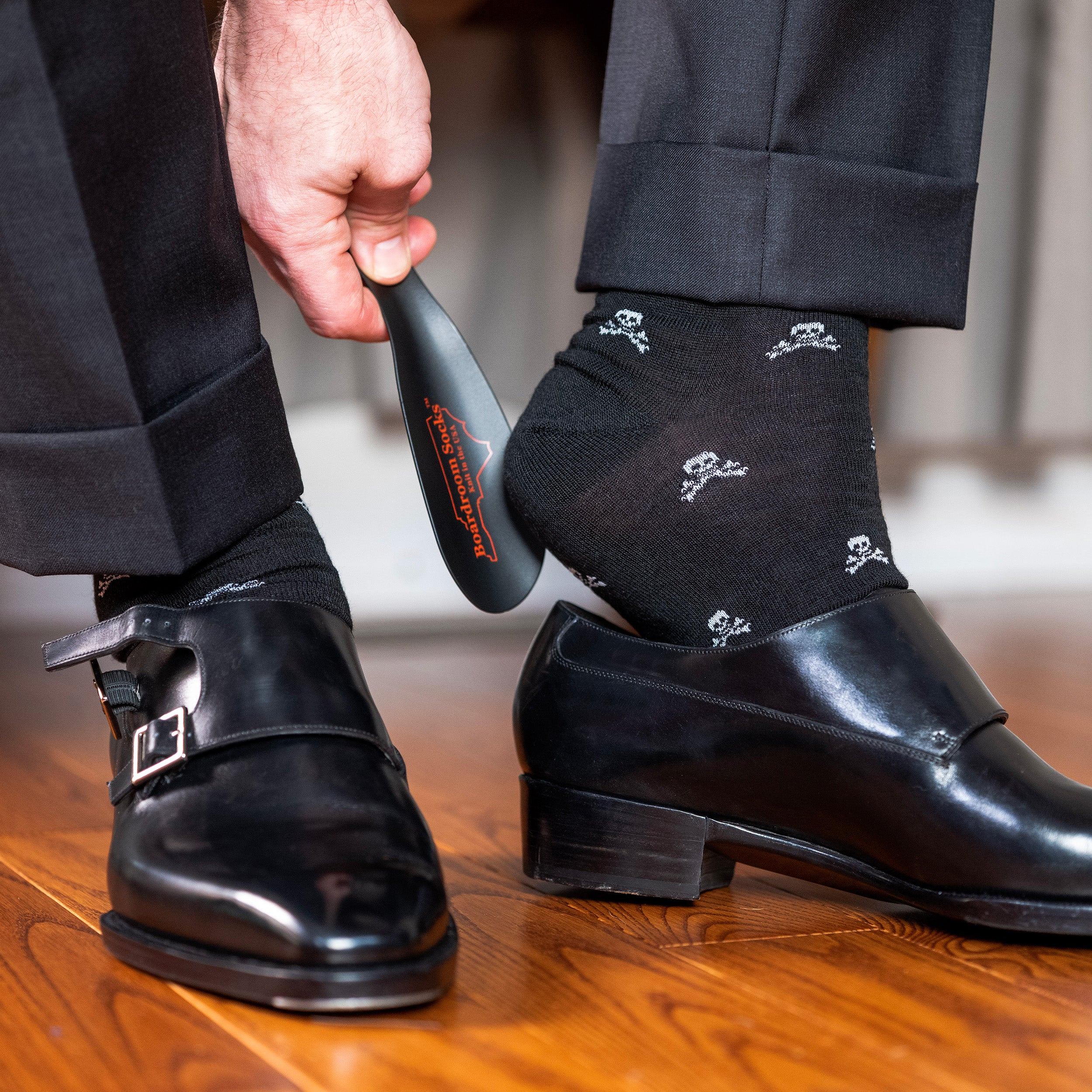 Skull Dress Socks | Black Merino Wool Mid-Calf Length Dress Socks with Jolly Roger Skull and Crossbones | Boardroom Socks Skull Dress Socks | Black Merino Wool Mid-Calf Length Dress Socks with Jolly Roger Skull and Crossbones | Boardroom Socks