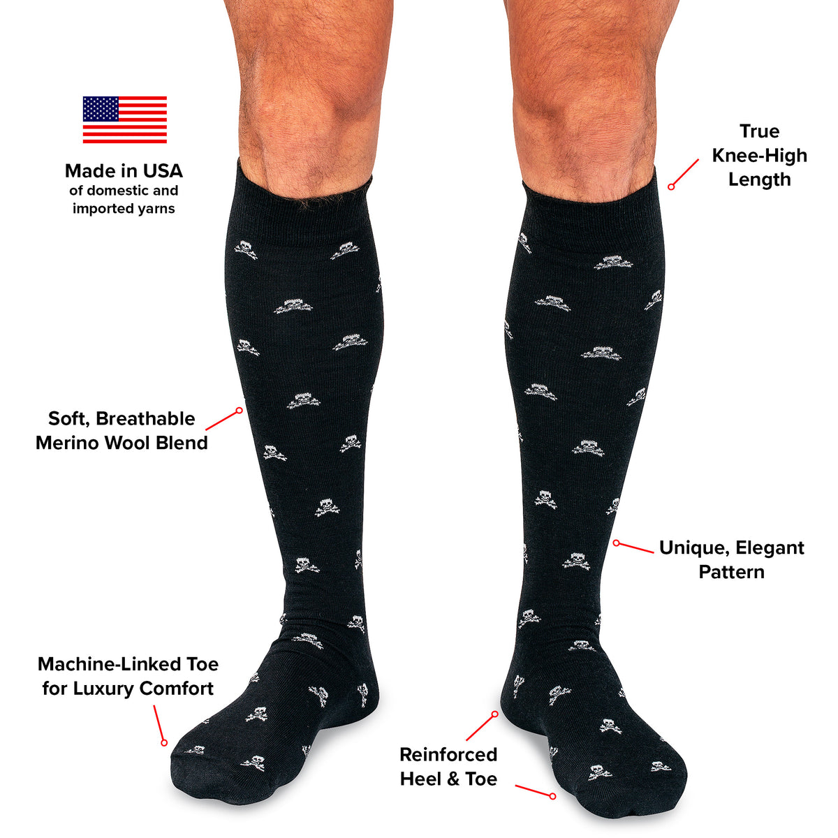 infographic detailing features and benefits of black skull and bones over the calf wool dress socks from Boardroom Socks
