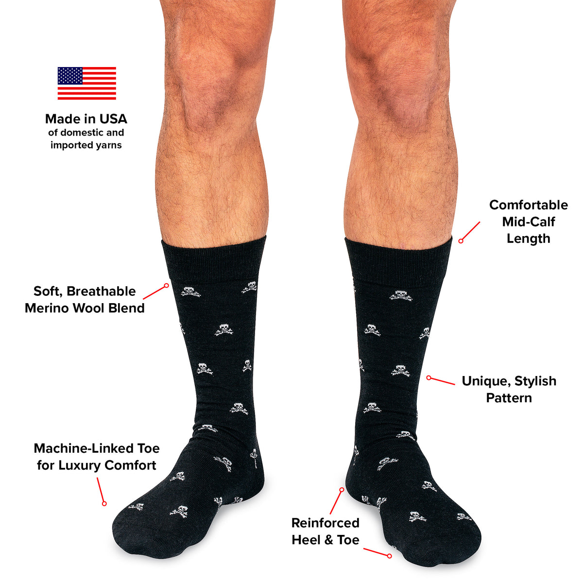 skull and bones black mid-calf merino wool dress socks for men infographic