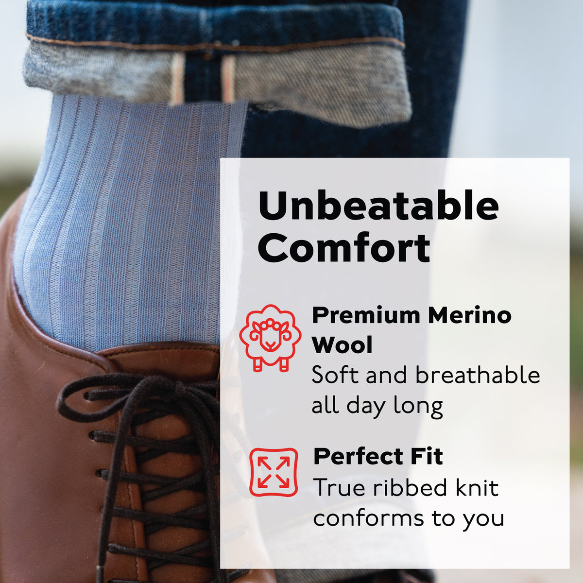 model wearing jeans and sky blue mid-calf merino wool socks with an unbeatable comfort infographic overlay