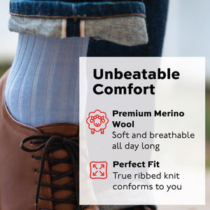 model wearing jeans and sky blue mid-calf merino wool socks with an unbeatable comfort infographic overlay