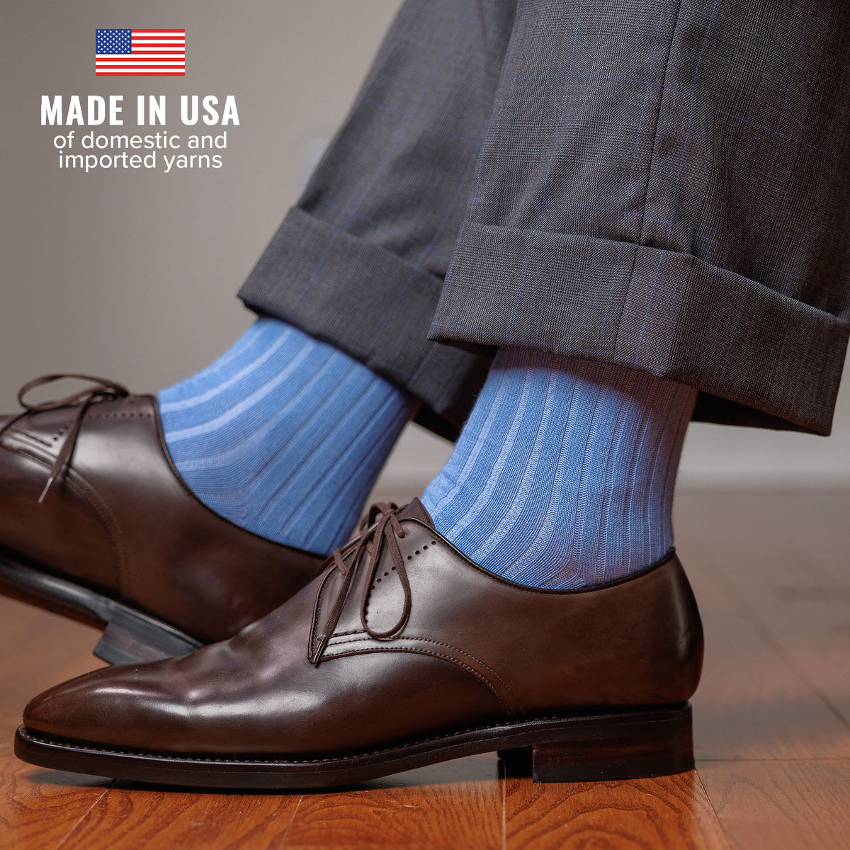 sky blue cotton dress socks with grey slacks and brown oxfords