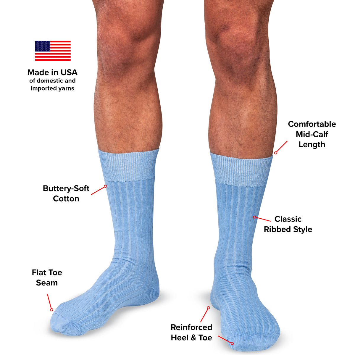 infographic detailing features and benefits of sky blue cotton dress socks from Boardroom Socks