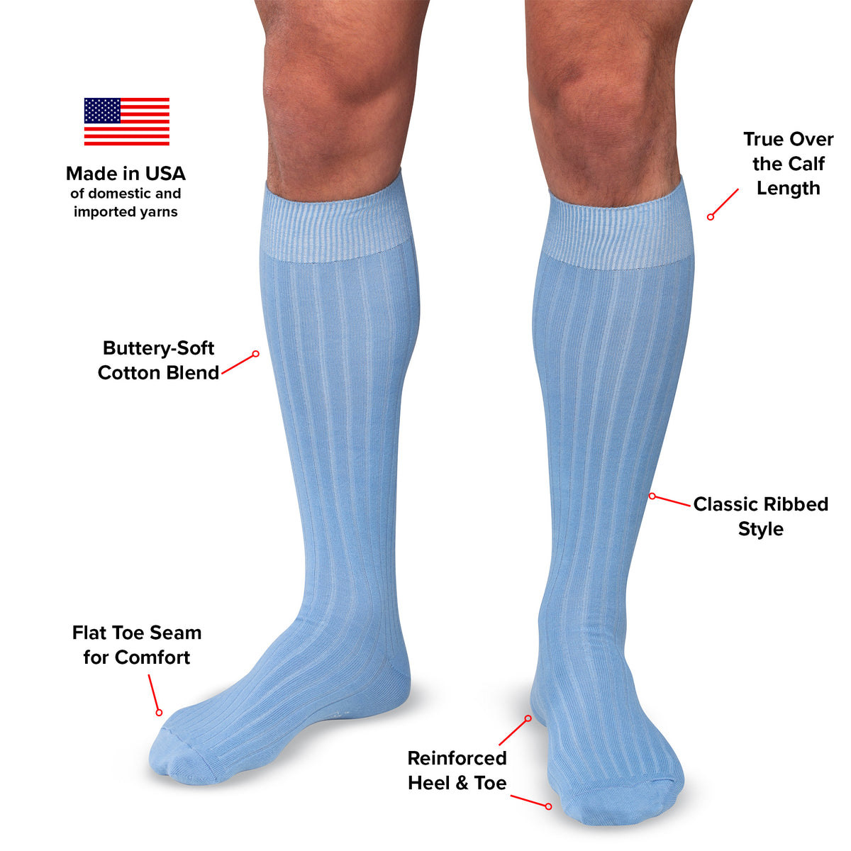 infographic detailing features and benefits of sky blue cotton over the calf dress socks for men
