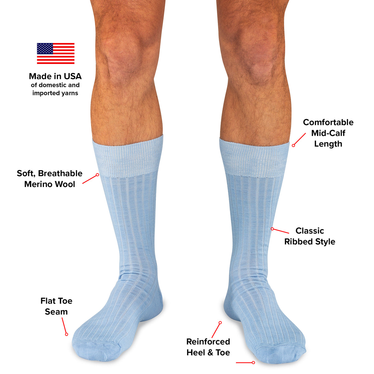 infographic detailing features and benefits of light blue merino wool dress socks from Boardroom Socks