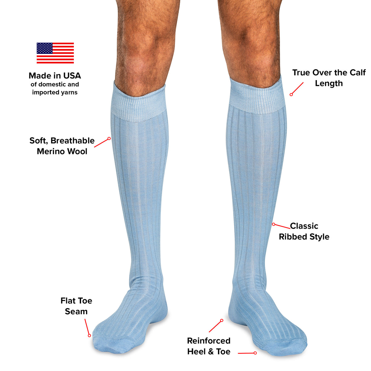 infographic detailing sky blue merino wool over the calf dress socks from Boardroom Socks