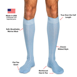 infographic detailing sky blue merino wool over the calf dress socks from Boardroom Socks
