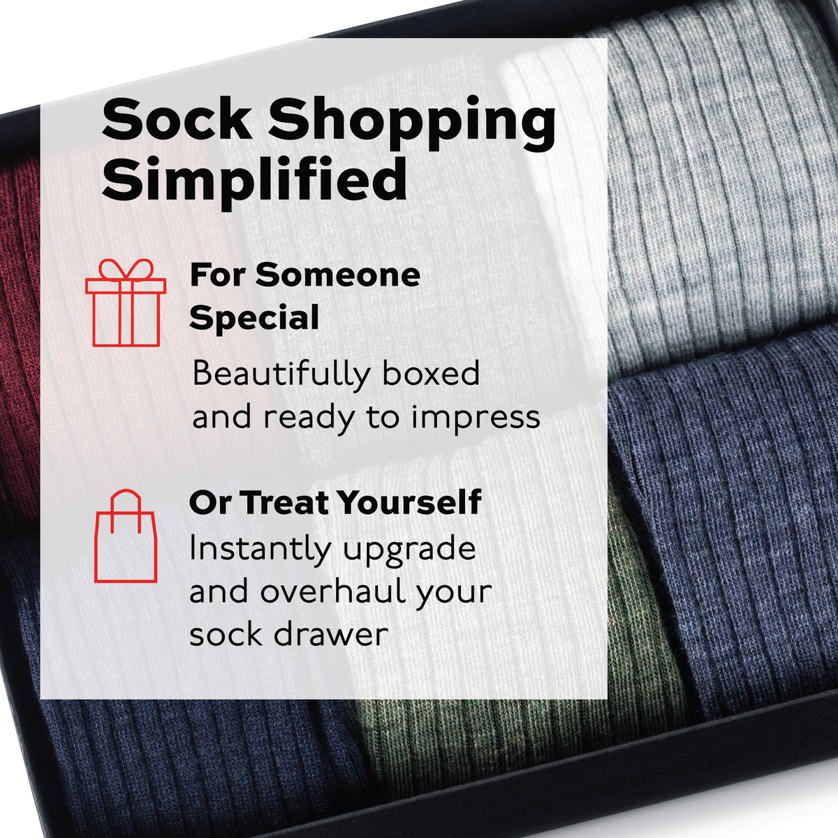 photo of a gift box of 6 different color over the calf wool solid dress socks with treat yourself text overlay