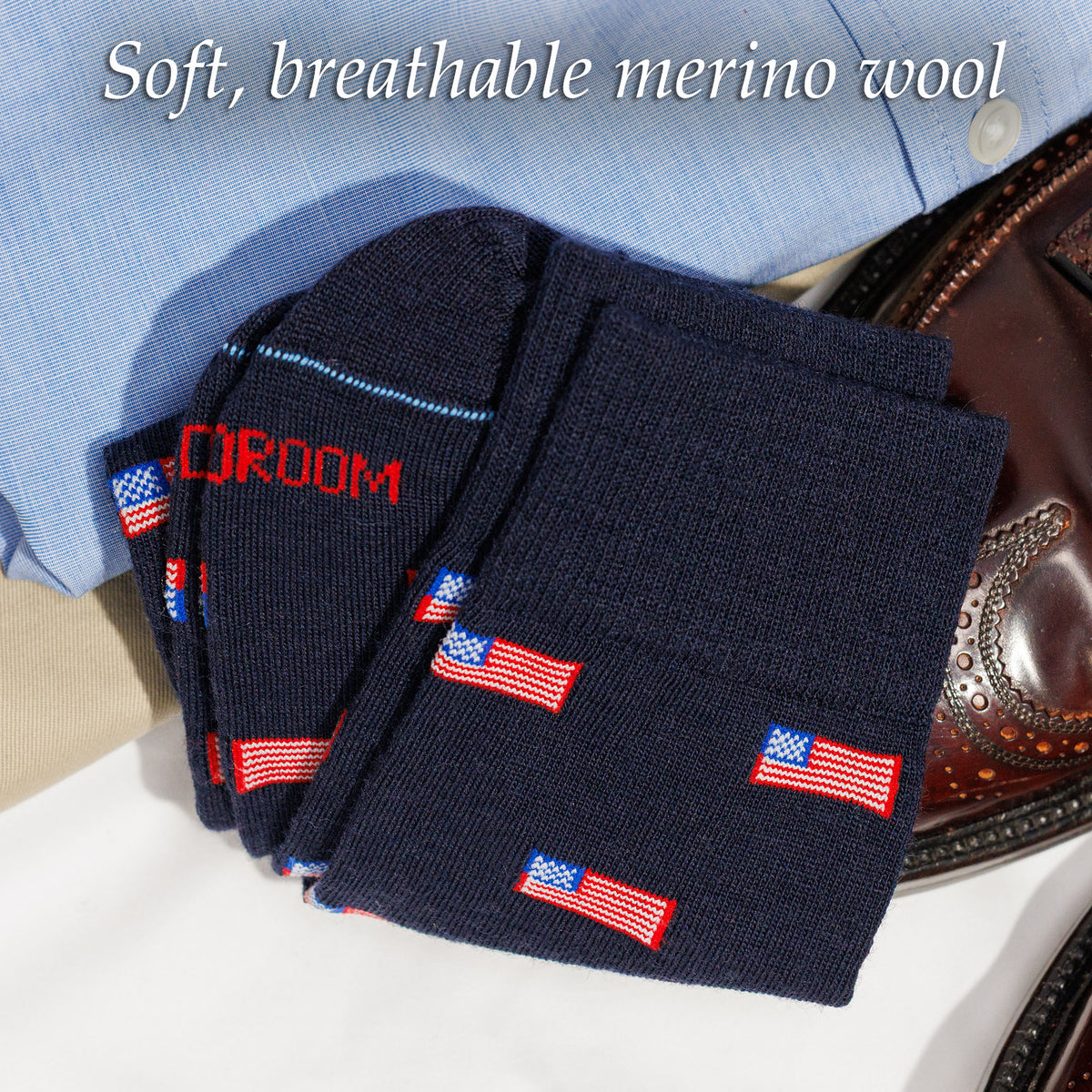 pair of American flag dress socks atop business casual outfit