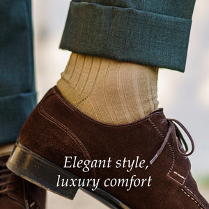 ribbed khaki dress socks paired with green trousers and dark brown suede shoes