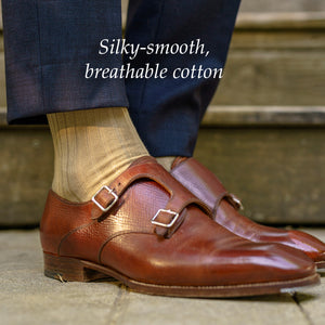 soft cotton dress socks in khaki paired with navy trousers and brown double monkstrap shoes