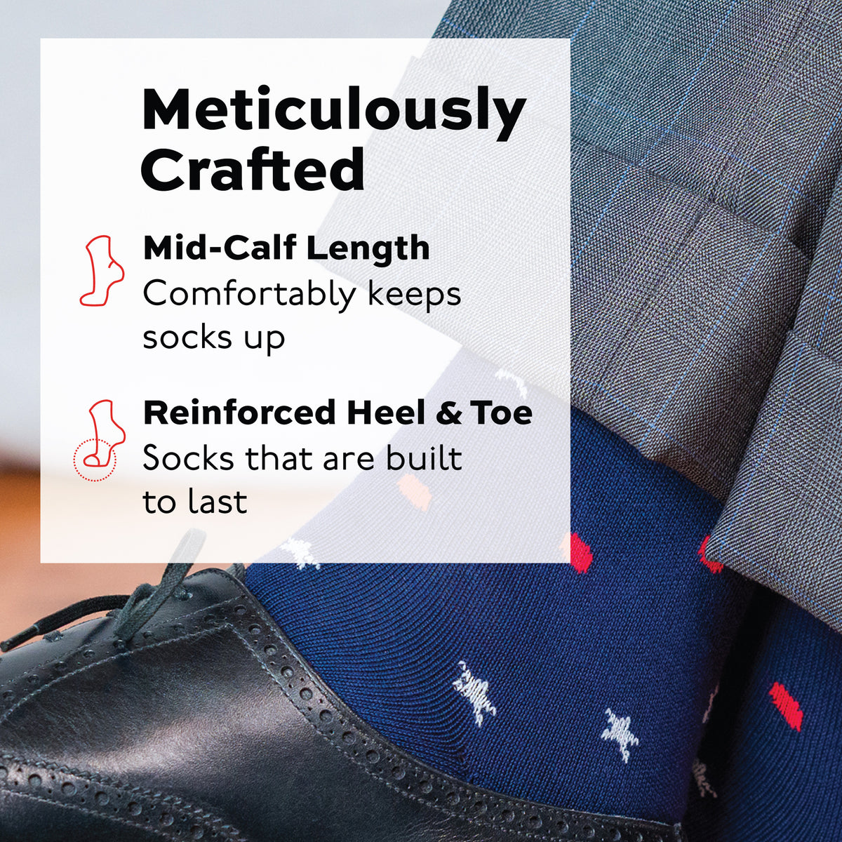 cotton Americana patterned dress socks worn with nice shoes with infographic overlay about being well crafted