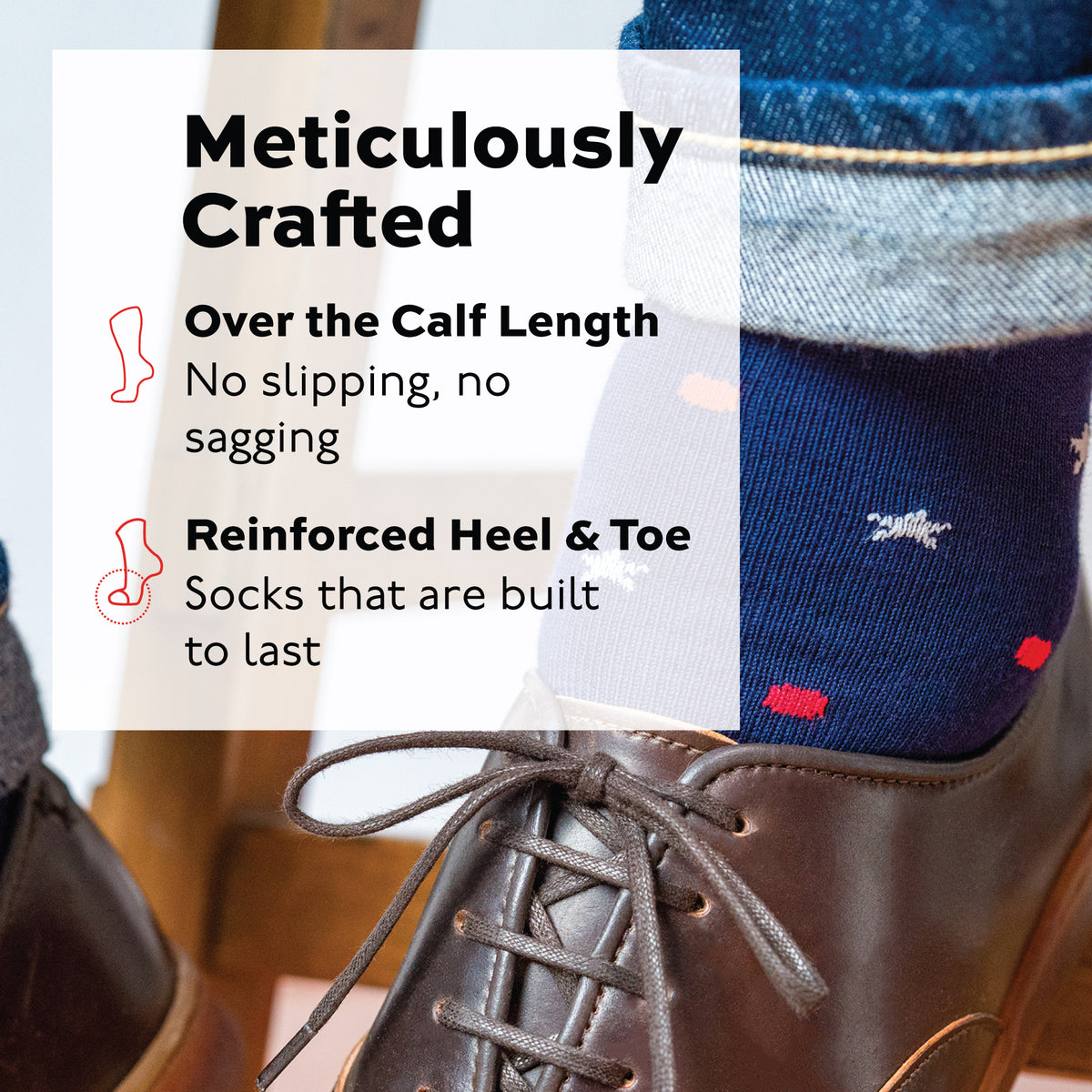 cotton star and dot patterned dress socks worn with nice shoes with infographic overlay about being well crafted