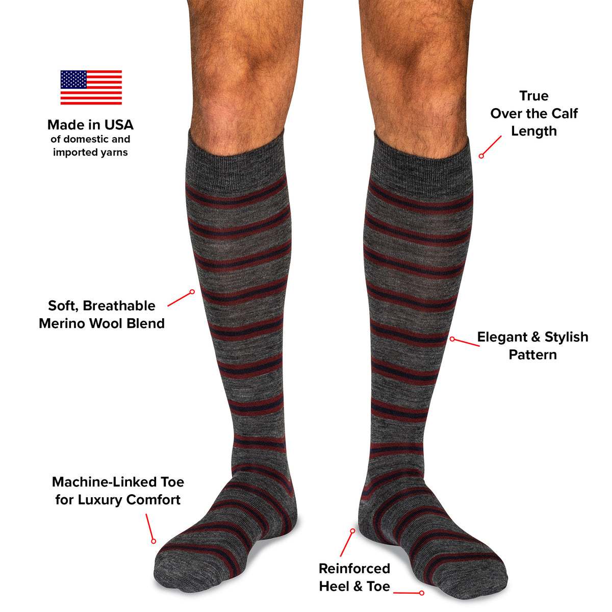 infographic detailing features and benefits of striped over the calf wool dress socks from Boardroom Socks